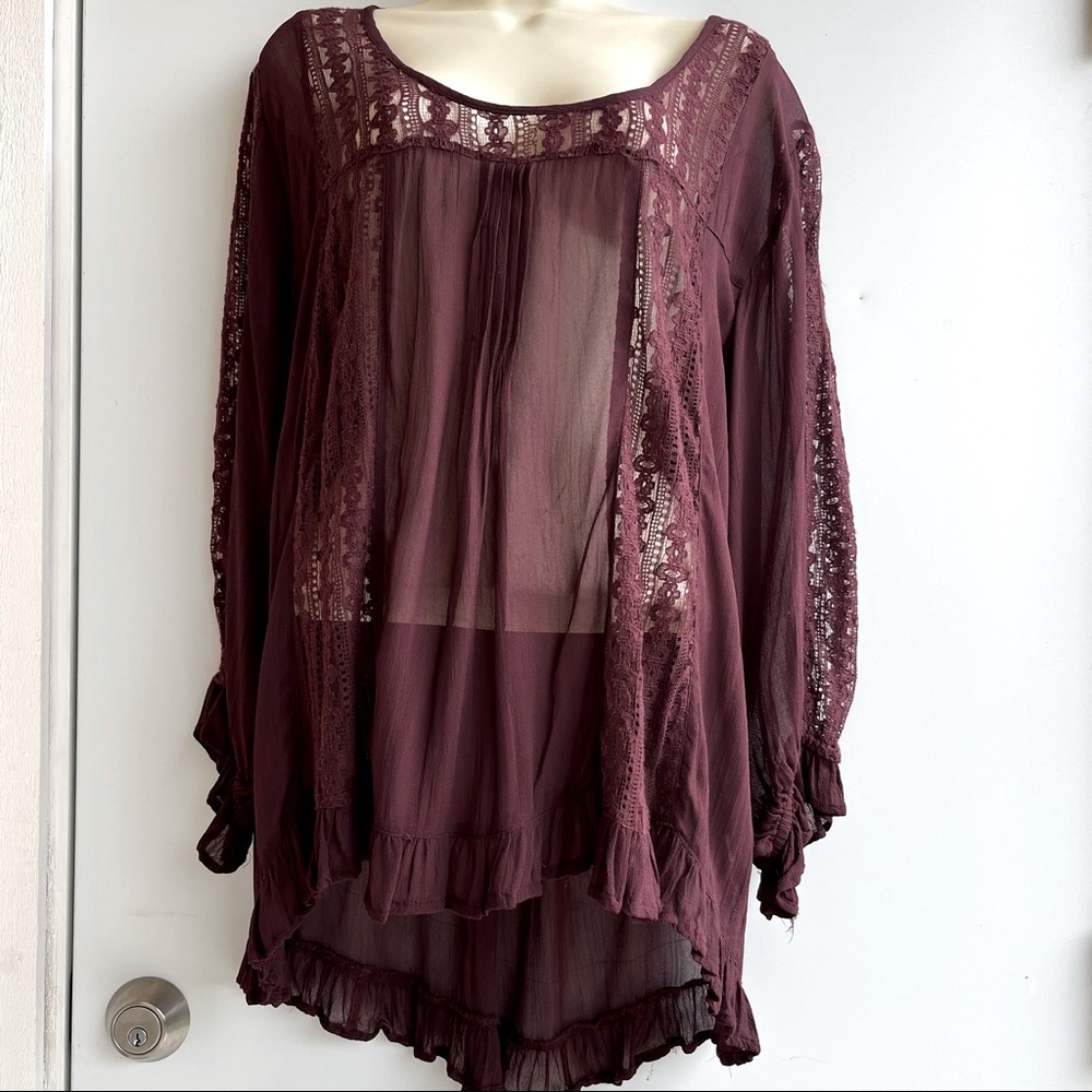 World Market Burgundy Lace Peasant Blouse Size L/XL